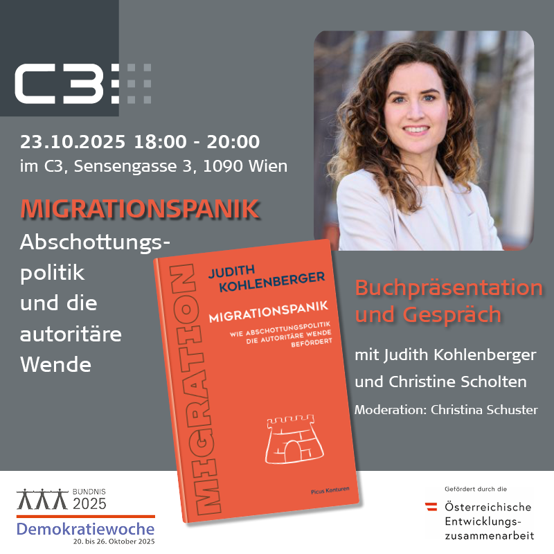 Buchcover Migrationspanik und Foto von Judith Kohlenberger