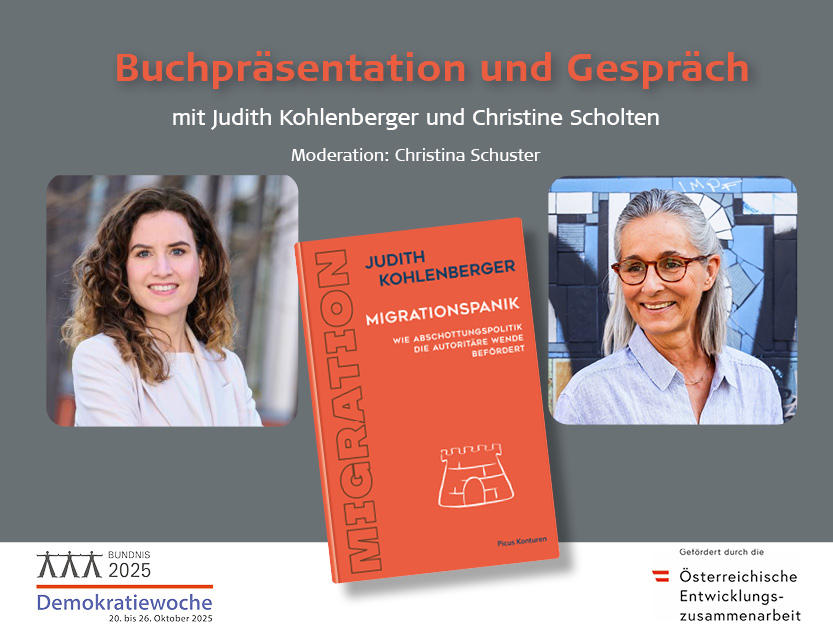 Buchcover Migrationspanik und Foto von Judith Kohlenberger und Christine Scholten