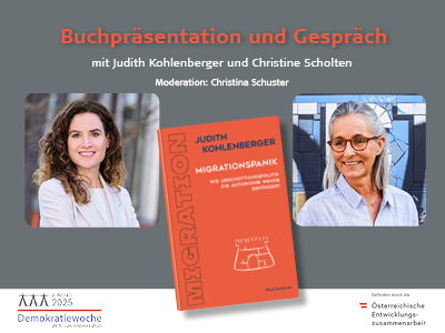 Buchcover Migrationspanik und Foto von Judith Kohlenberger und Christine Scholten